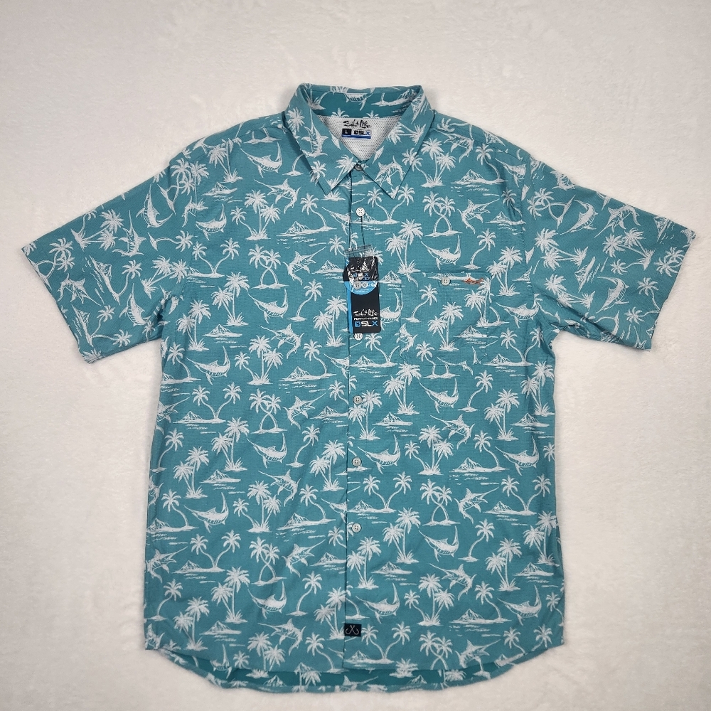 Salt Life SLX Performance Button Up Shirt Blue Outdoor Fishing Men's Large